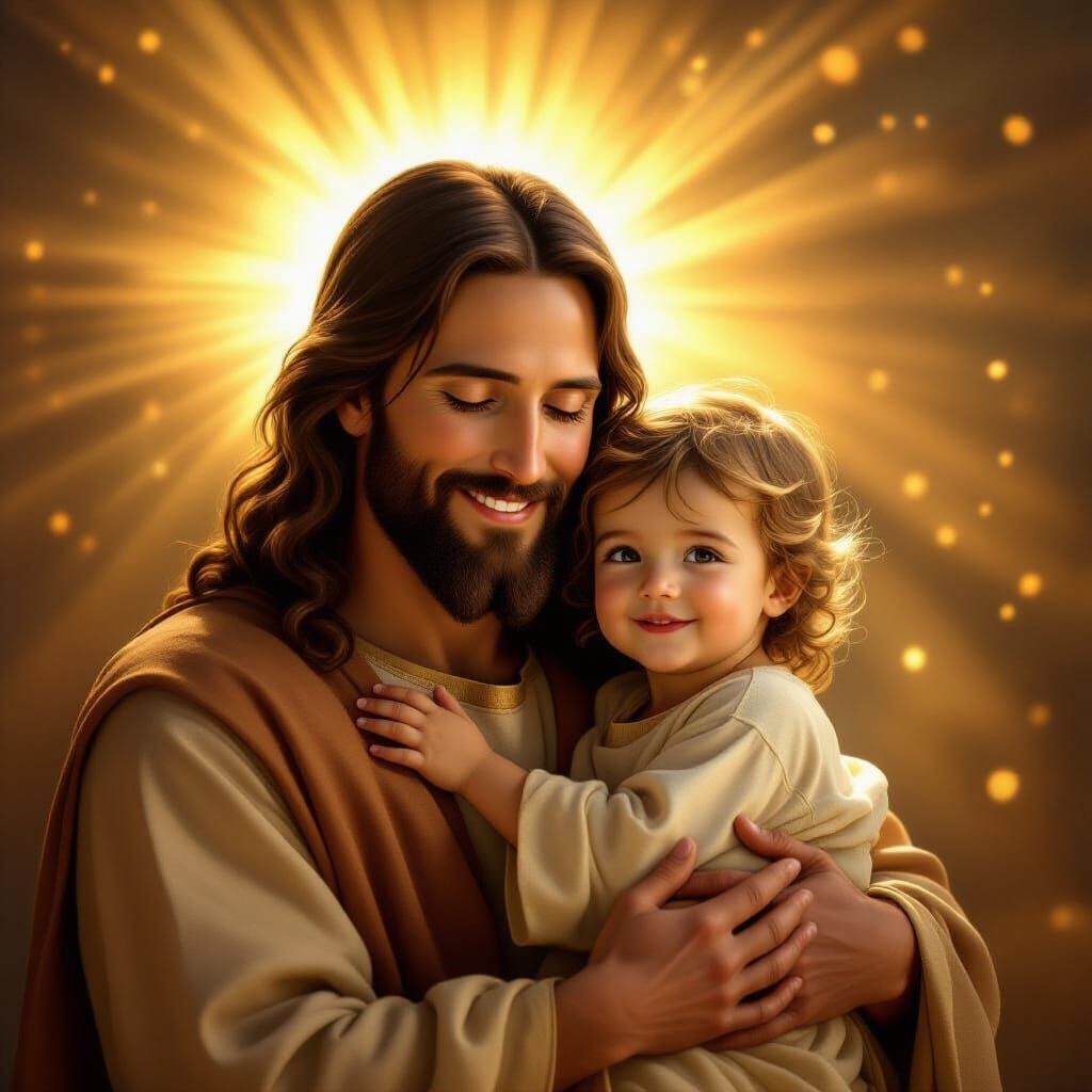 Jesus Christ Holds Smiling Child in Golden Light