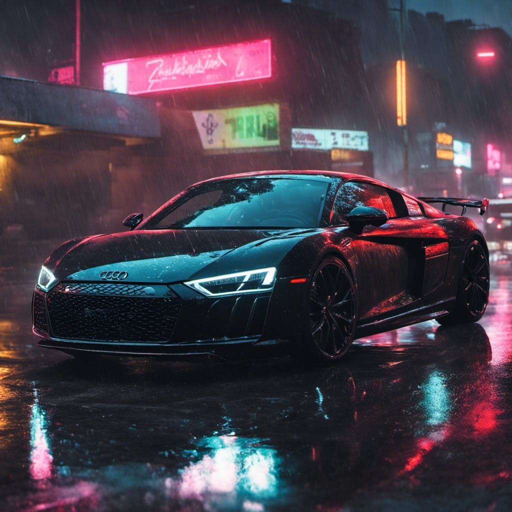 Black Audi R8 V10 in Cyberpunk Rain