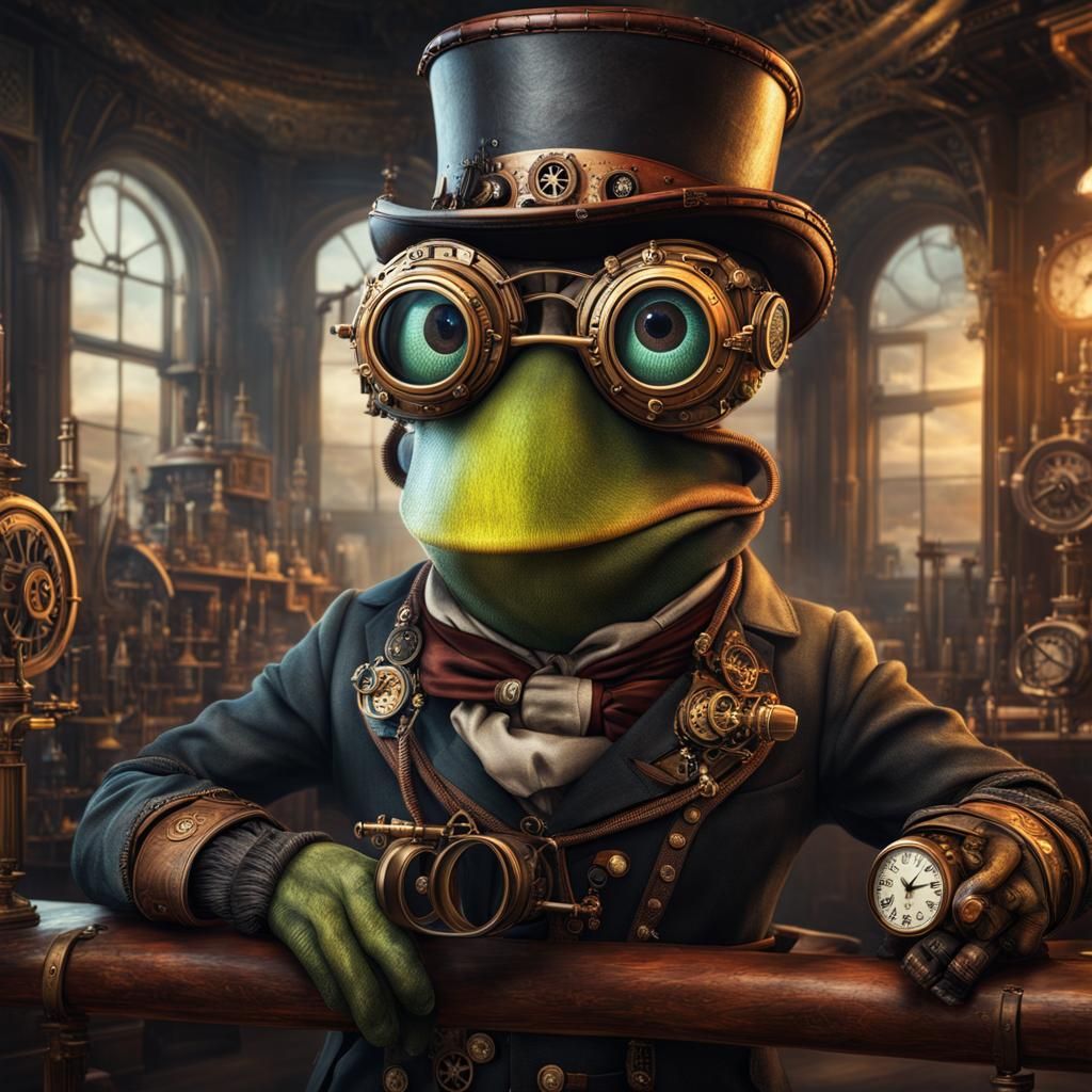Steampunk Kermit the Frog in Victorian Lab