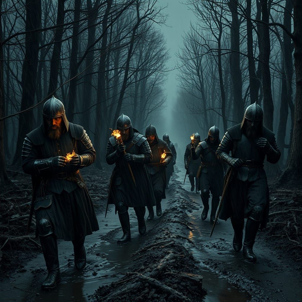 Medieval Soldiers Trudge Through Desolate Winter Landscape