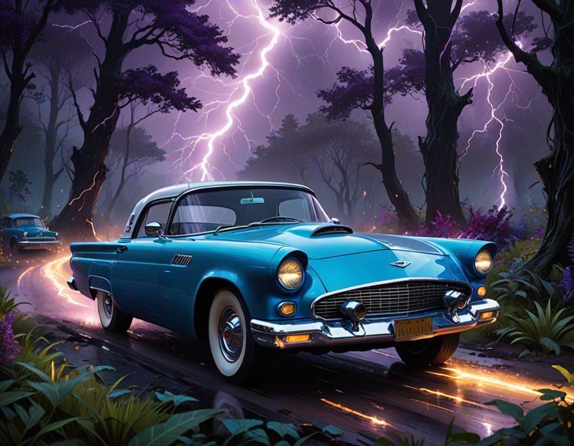 A ford Thunderbird driving through a lightning storm in the ...