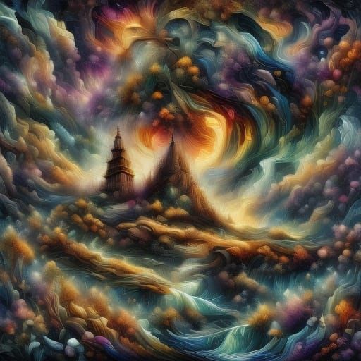 <lora:Mosaic Chaos:1.0> <lora:Dreamshaper RoyJ:1.0> <lora:FantasyMushroom:1.0> <lora:Spin Glow SD15:1.0> A dramatic scen...