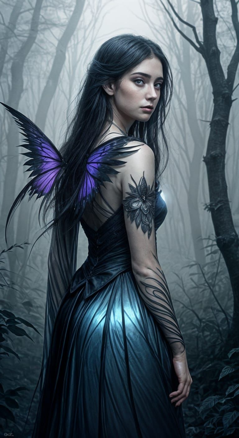 Surreal Darkling Goddess in Enchanted Forest Glows with Soft...