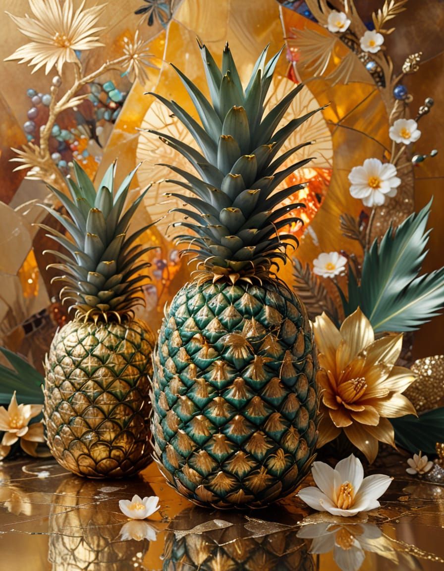Surreal Pineapple and Duckling in Kintsugi Style