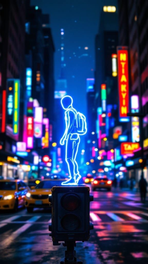 Glowing Stick Figure Explores New York City Streets at Night...