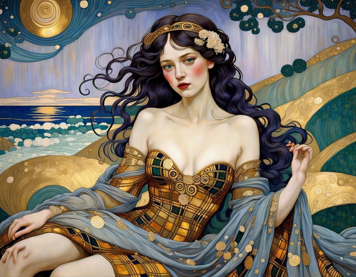 Art by Gustav Klimt, Art Nouveau interpretation of plaid, in...