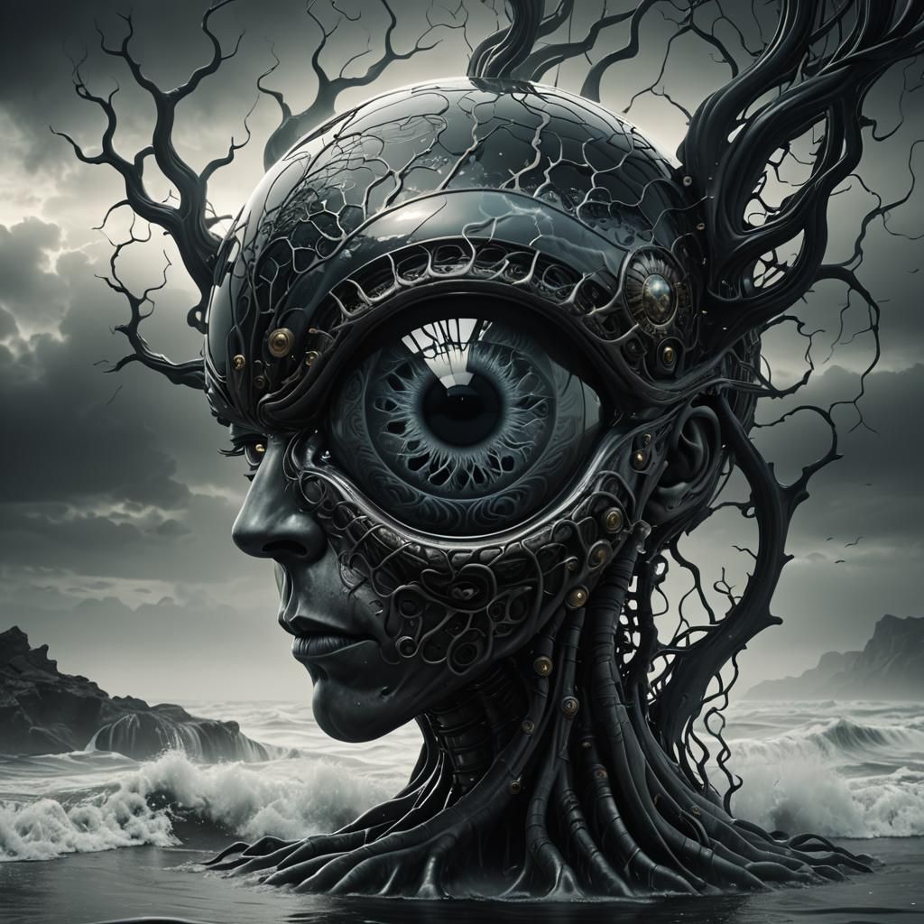 Surreal Glass 'A' with Biomechanical Eye, 3D Render