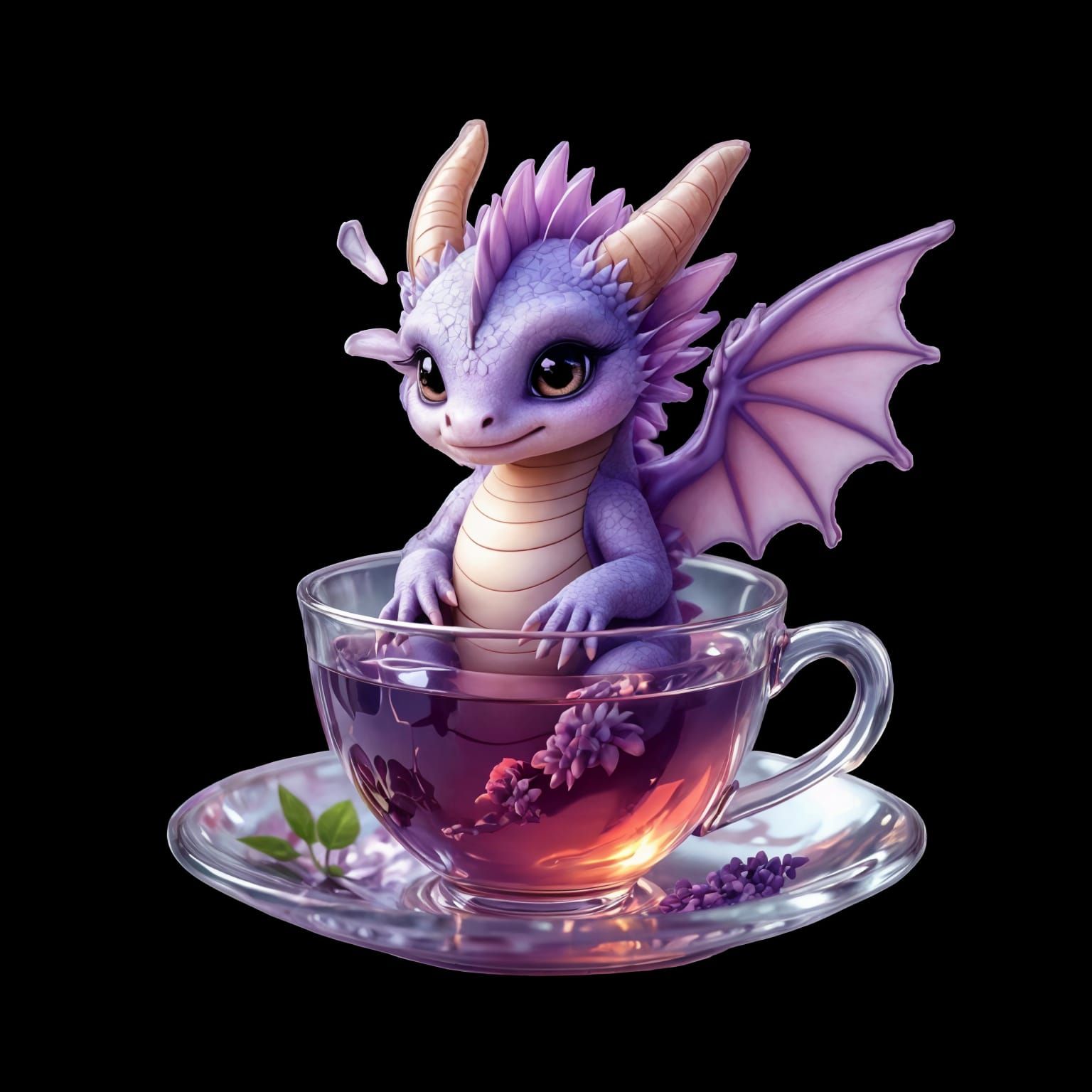 Fantasy Baby Dragon in Teacup, Lavender Flower Design