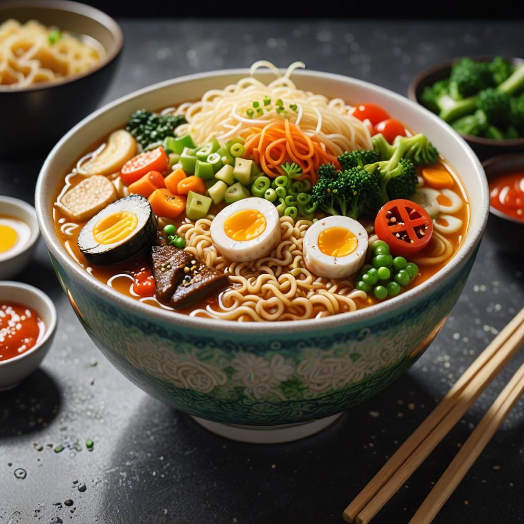 Hyperrealistic Ramen Noodles with Vibrant Vegetables