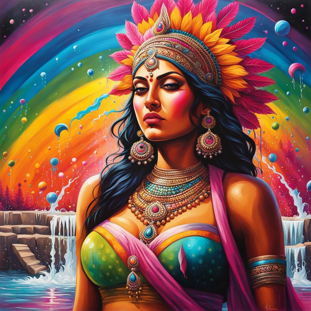 Indian Goddess Bathing in Rainbow Lake as Graffiti Art