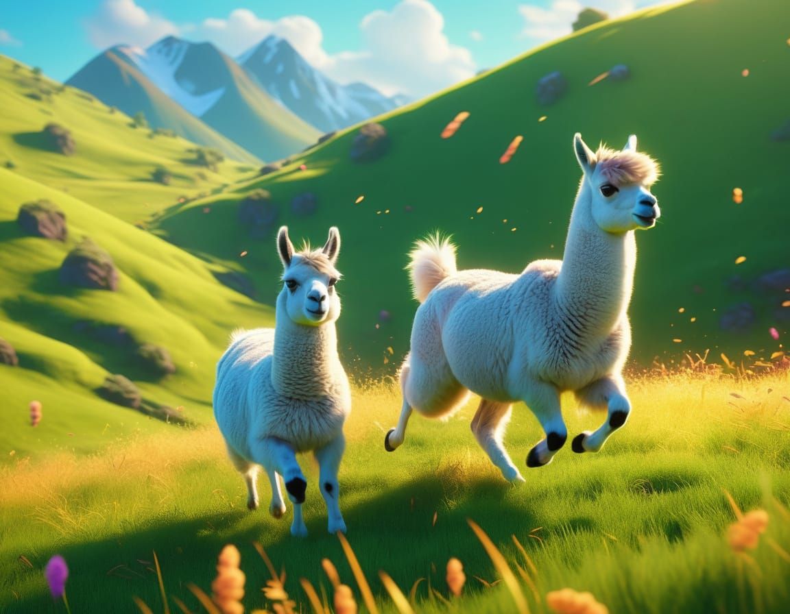 Llamas Leaping in Sunlit Meadow: Digital Art