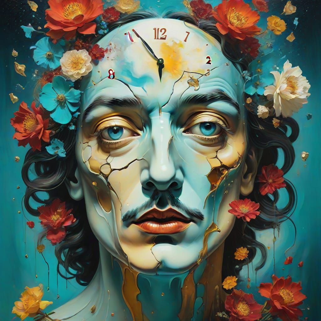 Surrealist Oil Painting of a Poet Amidst Blooming Flowers an...