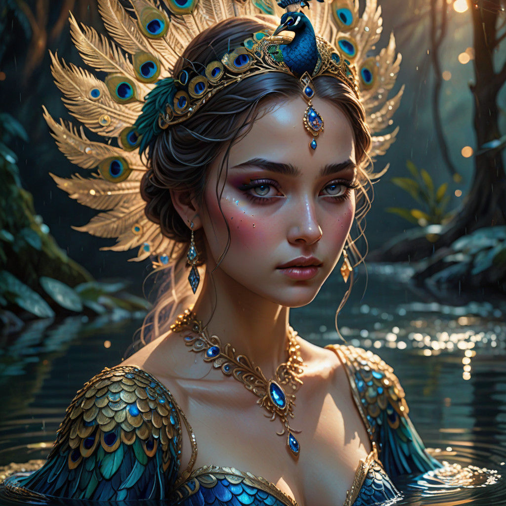 Surreal Watercolor Portrait of a Peacock Princess in Etherea...