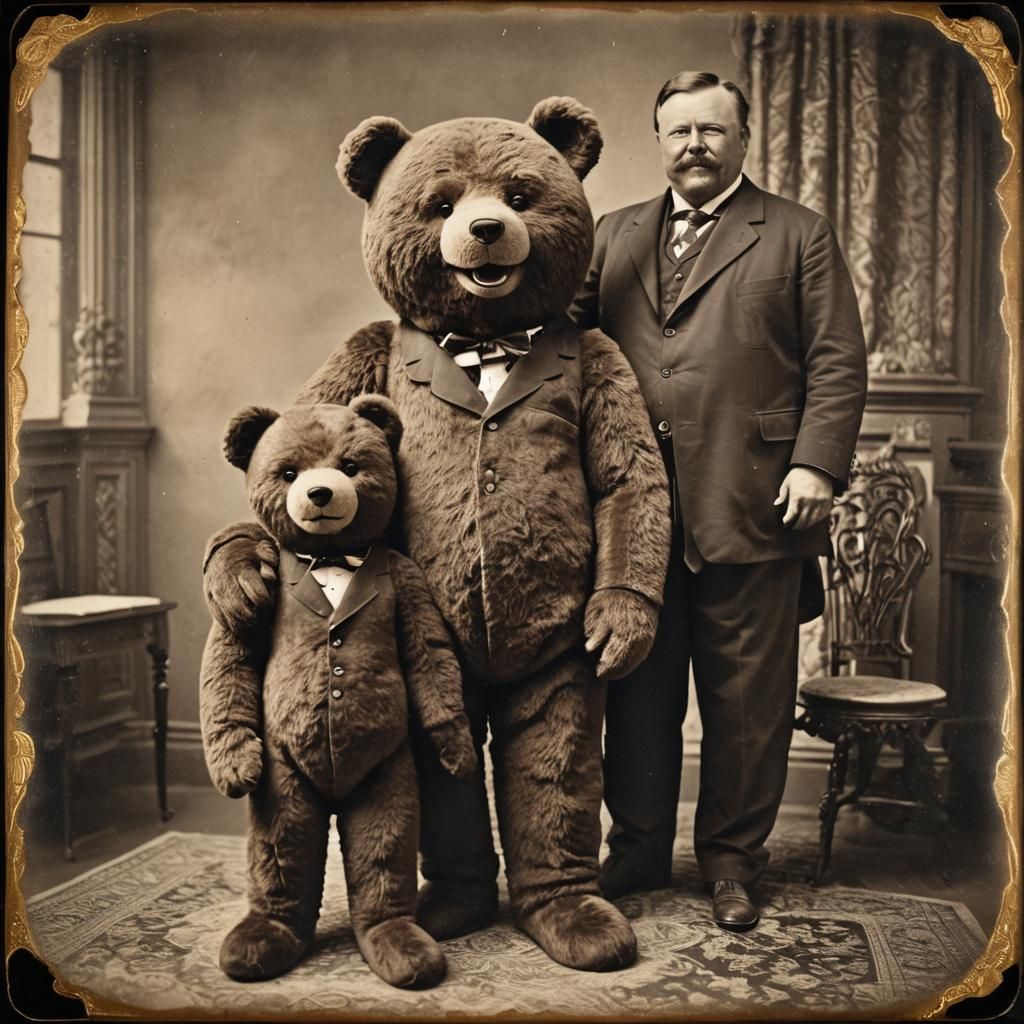 Giant Teddy Bear with Theodore Roosevelt in Daguerreotype