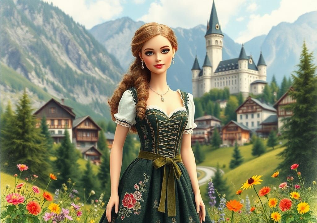 Barbie in Austria: Fairytale Scene in Watercolor Style