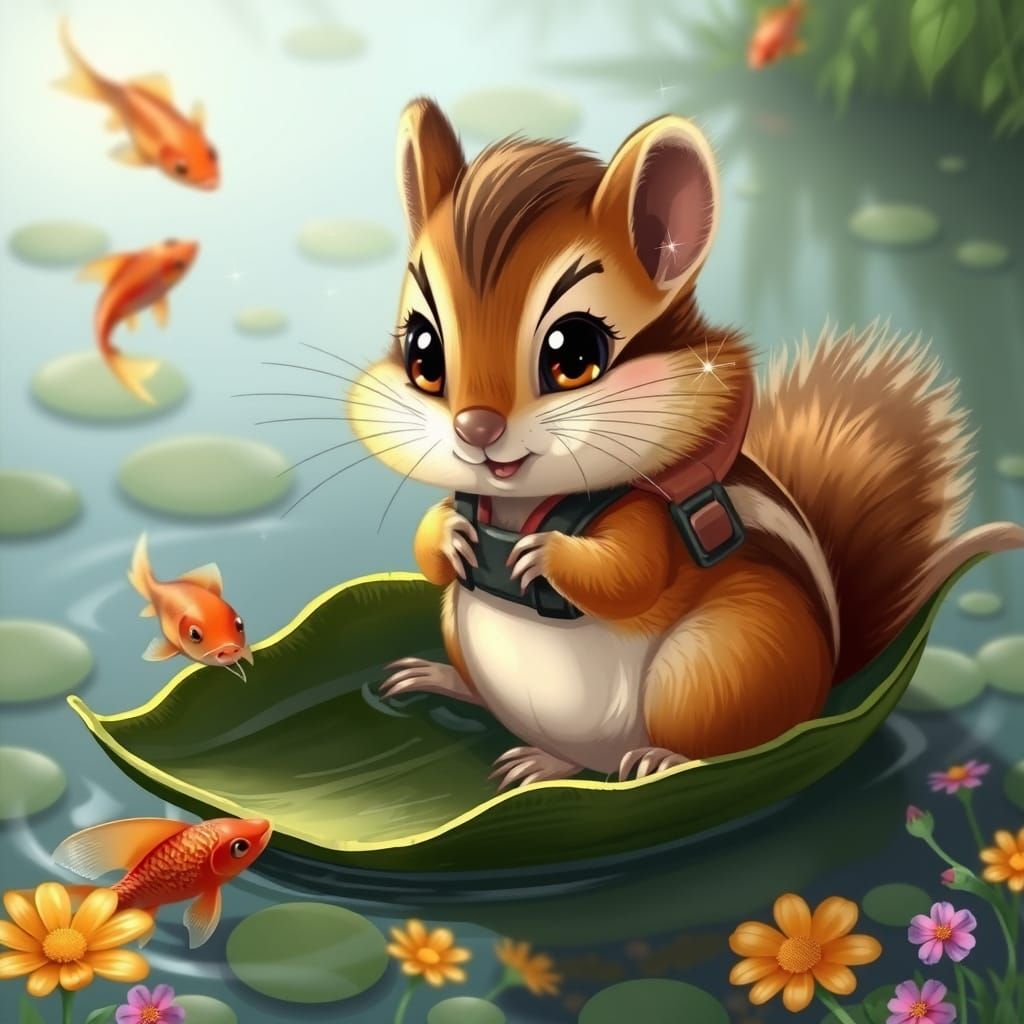 Chipmunk in Leaf Boat on Pond
