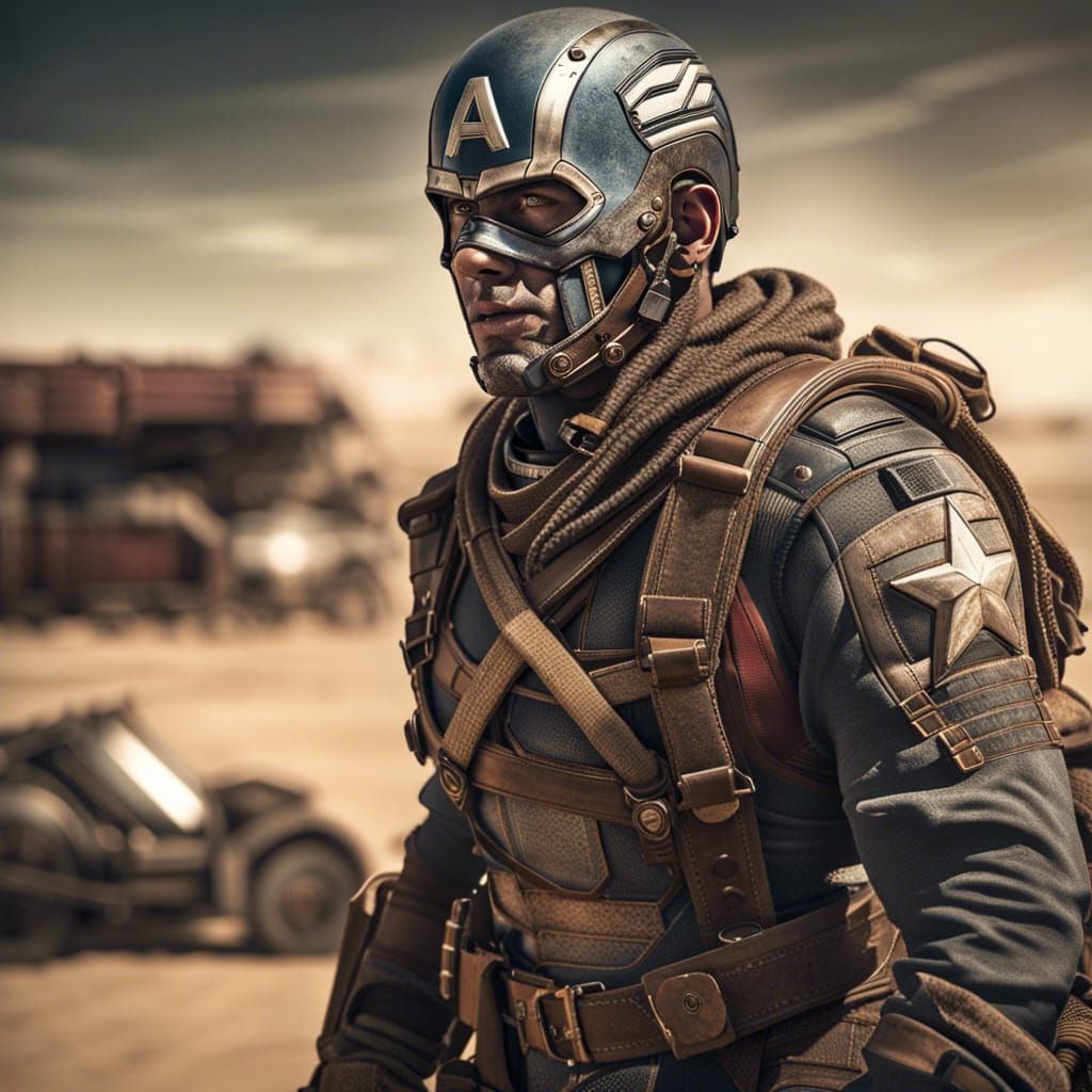 Captain America in Dystopian Mad Max Desert