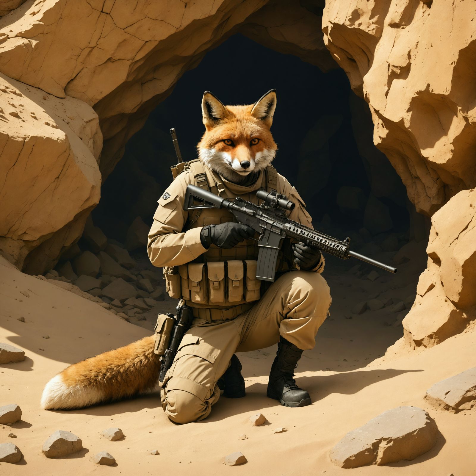 Fox Soldier in Cave, Photorealistic Dystopian Art
