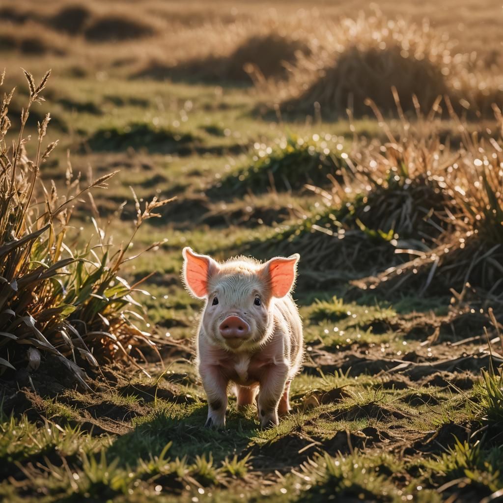 Piglet in Field on Windy Day: Wildlife Photography