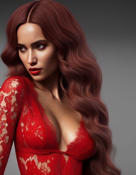 Beautiful Woman in Red Lace: Hyperdetailed Digital Painting