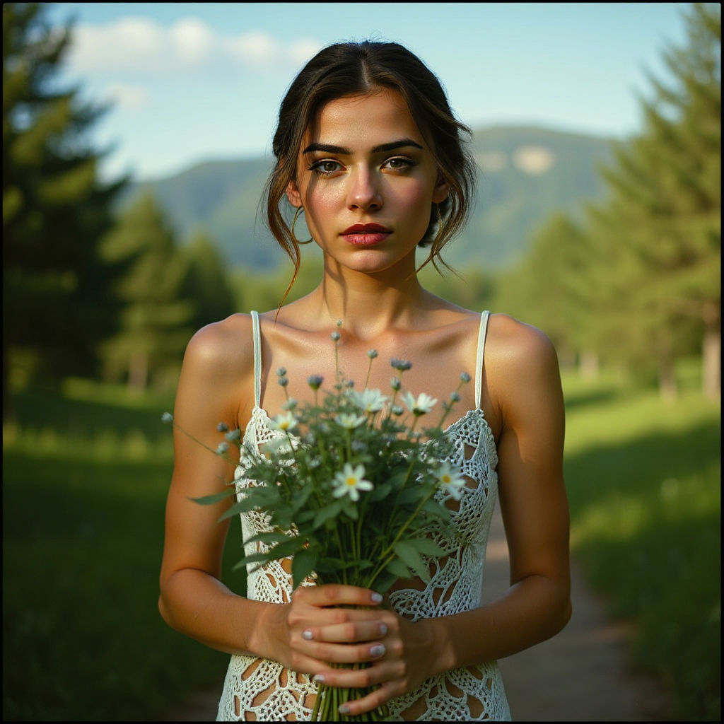 Dramatic Film Still of a Beautiful Young Woman