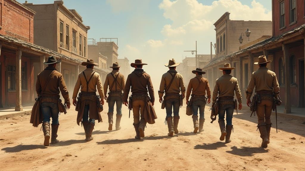 Seven Cowboys Strut Through Western Town