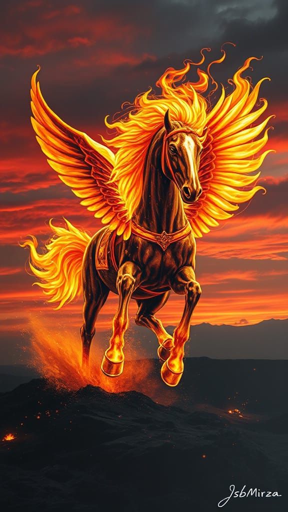 Flaming Arabian Horse with Wings and Fire-Horn