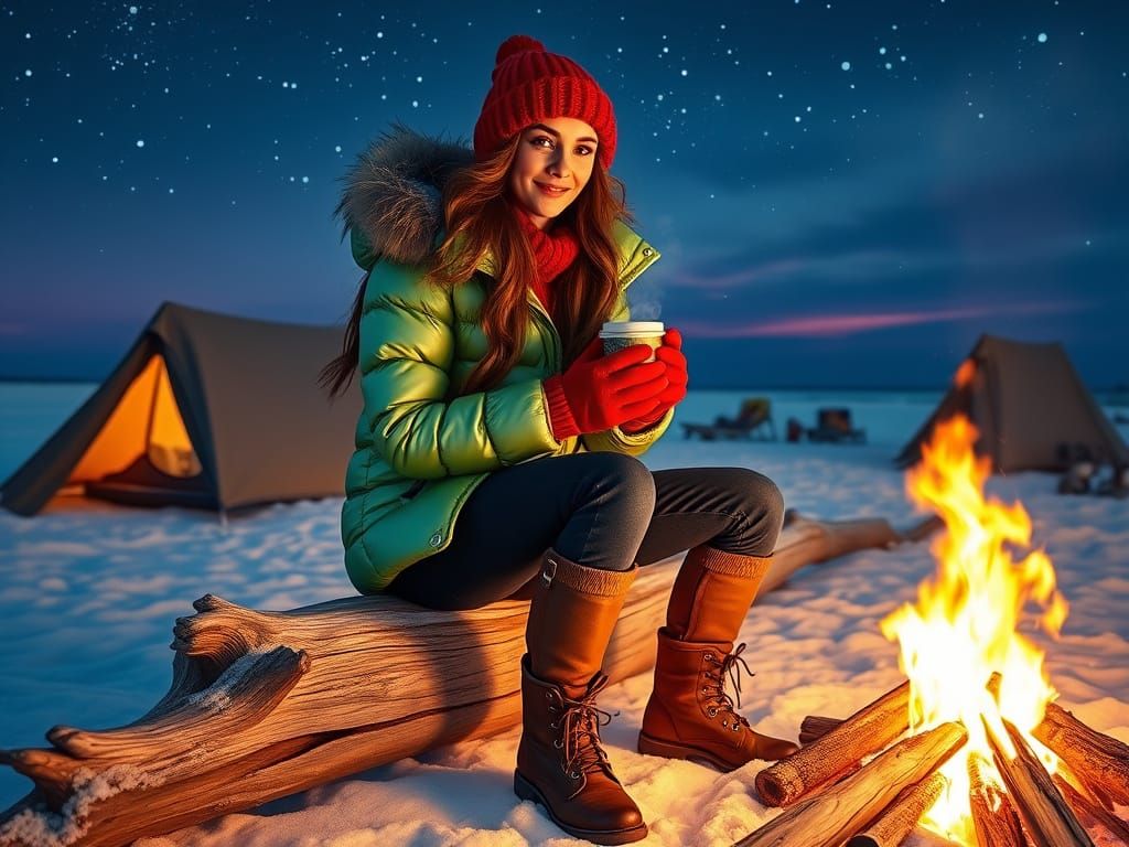 Cozy Winter Beach Camping Scene in Vibrant Colors
