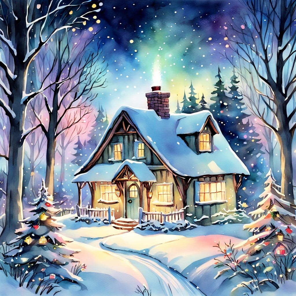 Whimsical Christmas Cottage in Watercolor Style