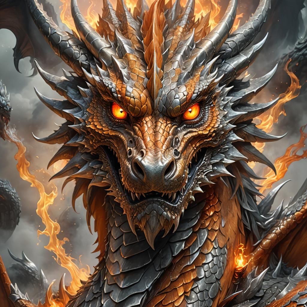 Orange and Silver Dragon Portrait with Fireball