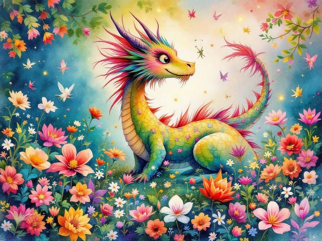 Whimsical Watercolor Dragon in Vibrant Garden