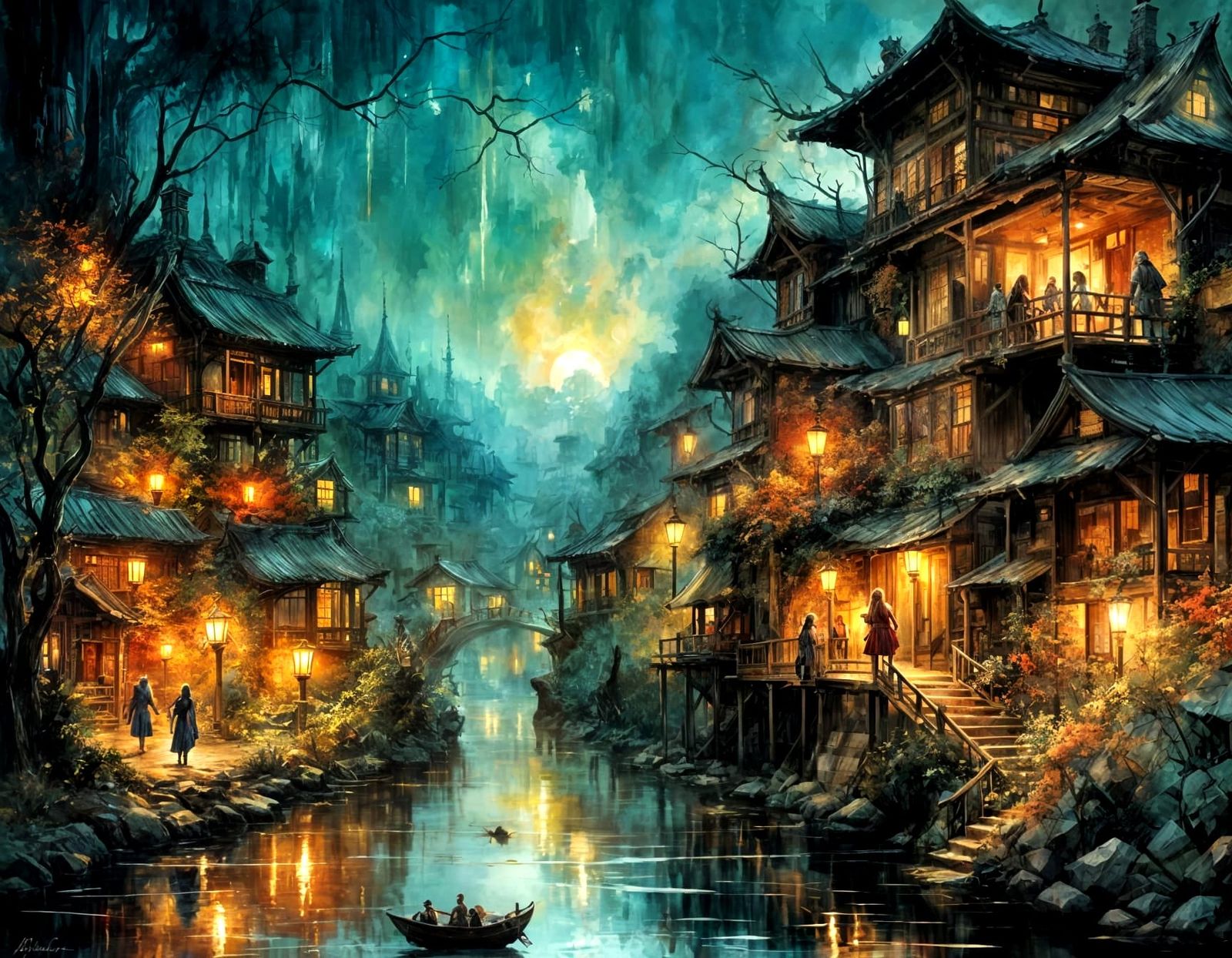 Japanese Spring Landscape in Alcohol Ink Style