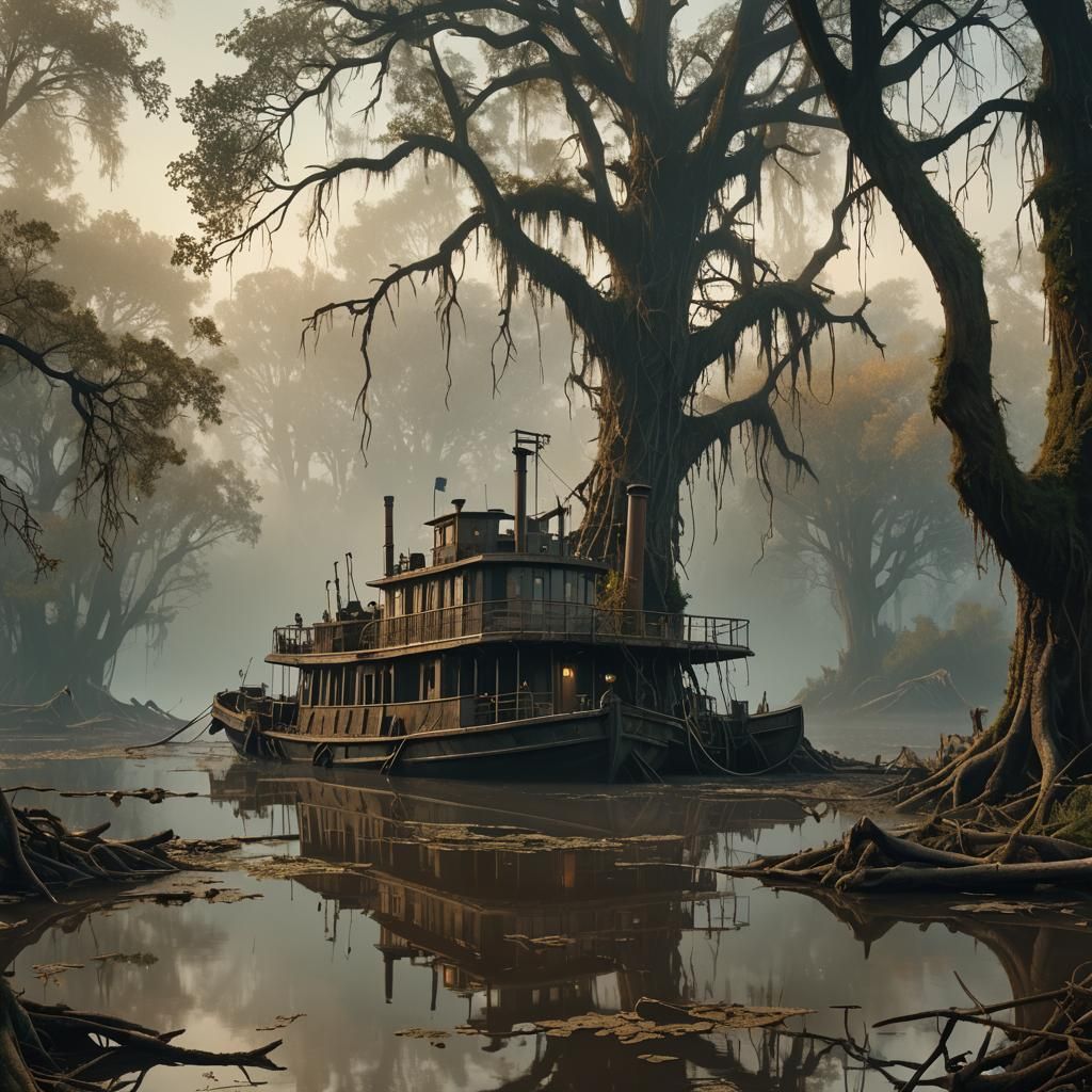 Eerie Paddleboat Steamer in Murky Waters