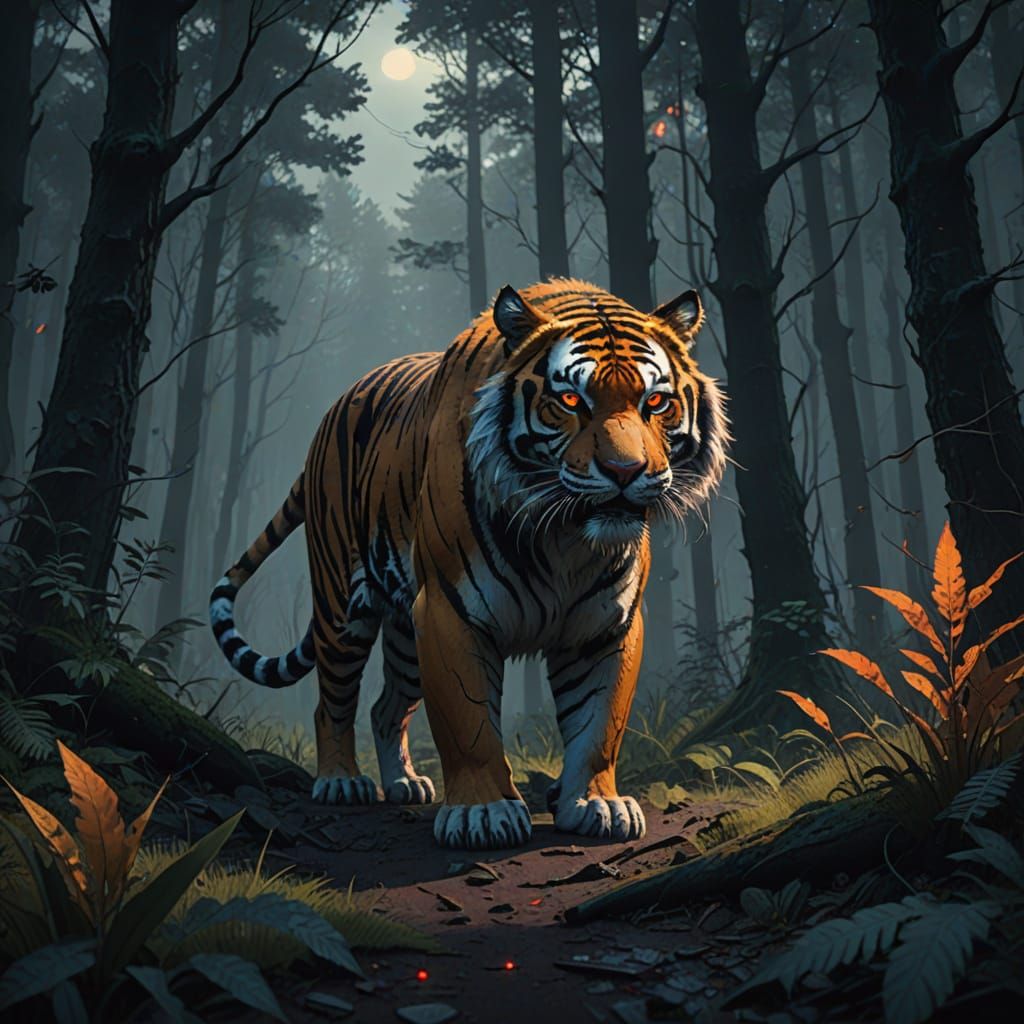 Mystical Tiger Emerge from Dark Fantasy Forest