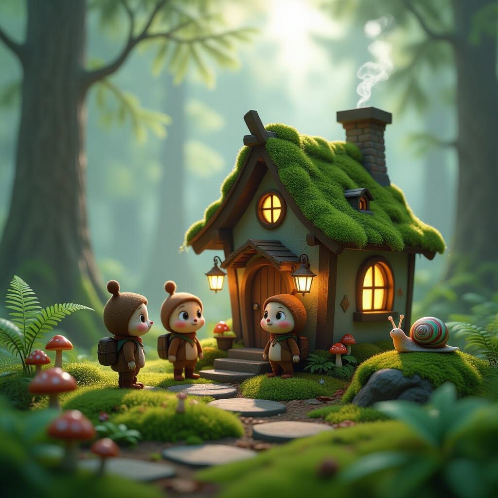 Acorn Characters in Pixar Style Forest Cottage