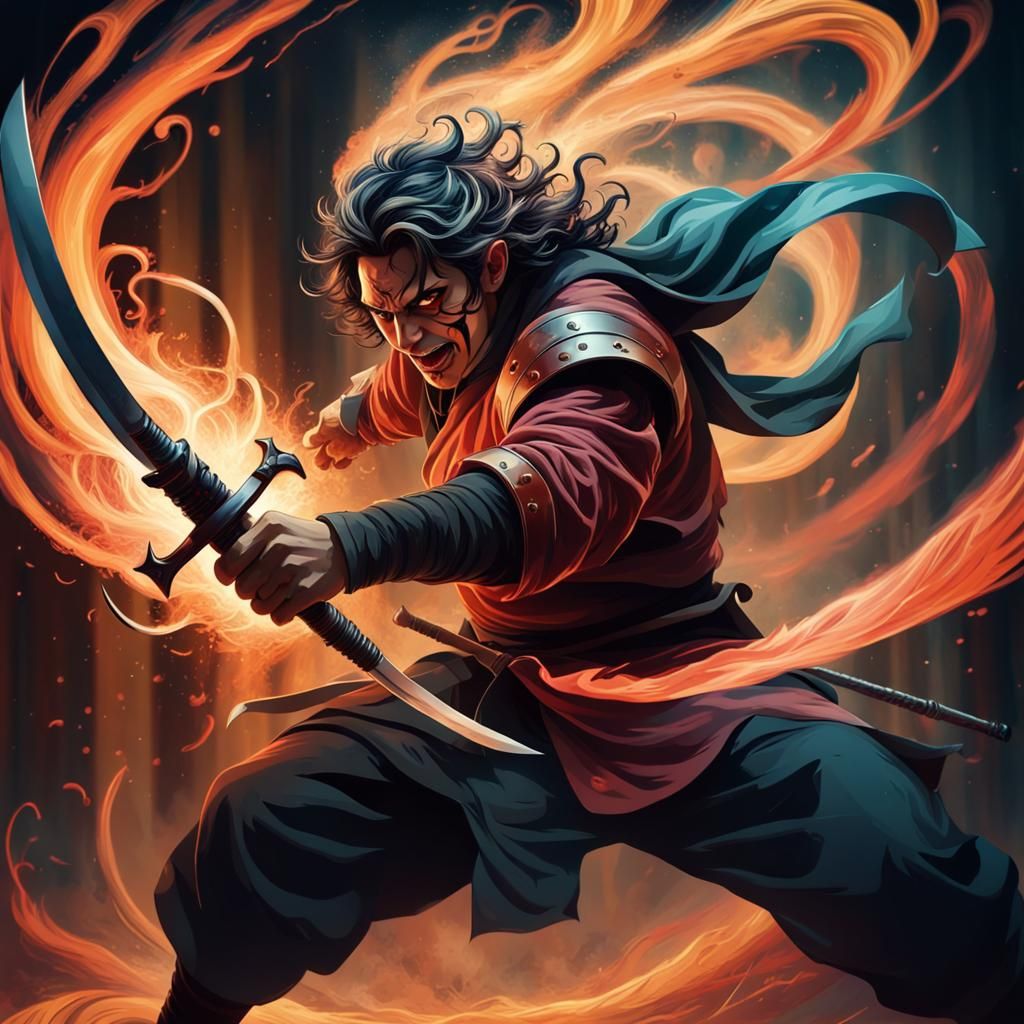 Demon Slayer Wielding Weapon with Swirling Energy