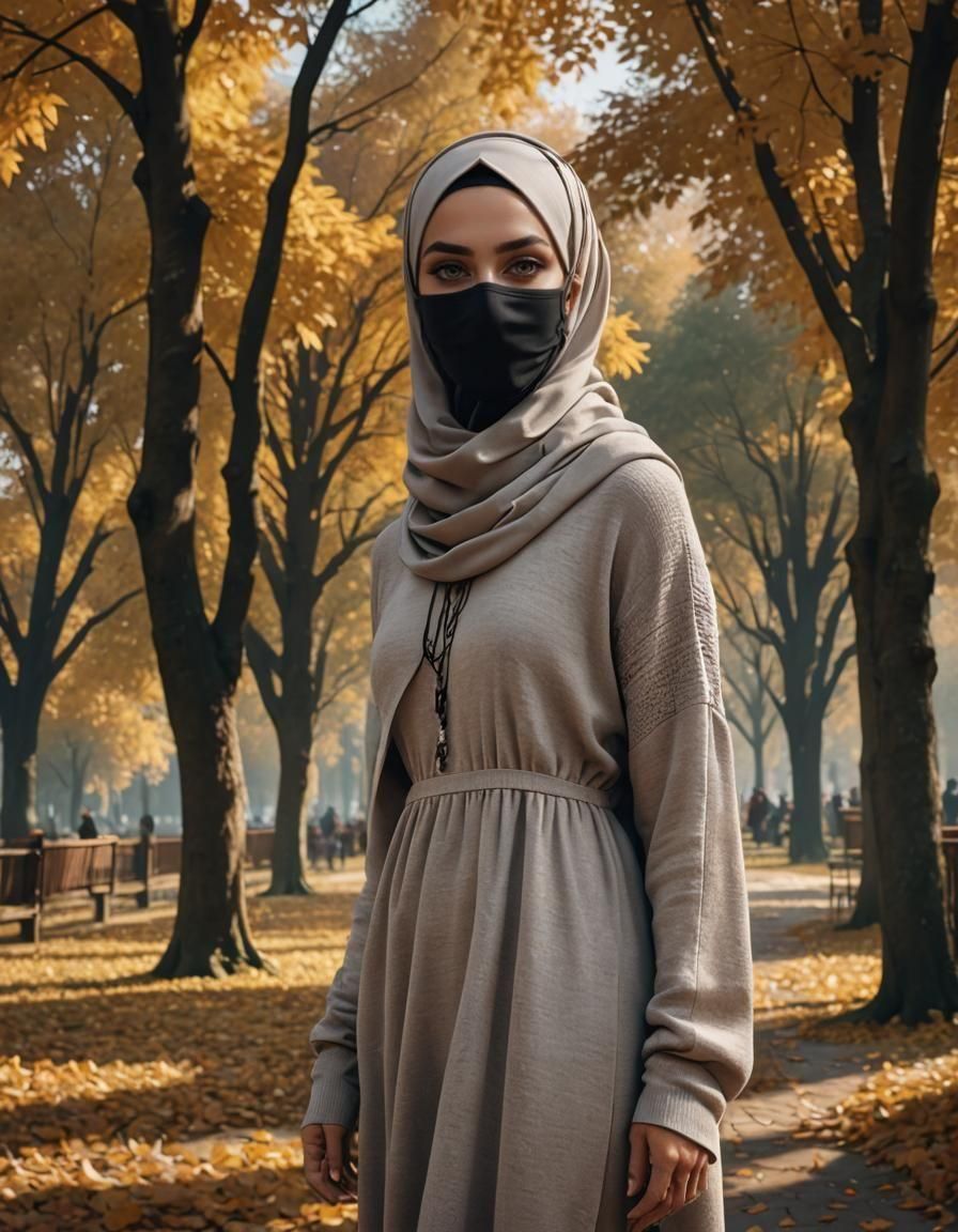 Hijabi Girl in Autumn Park: Ultra-Realistic Digital Art