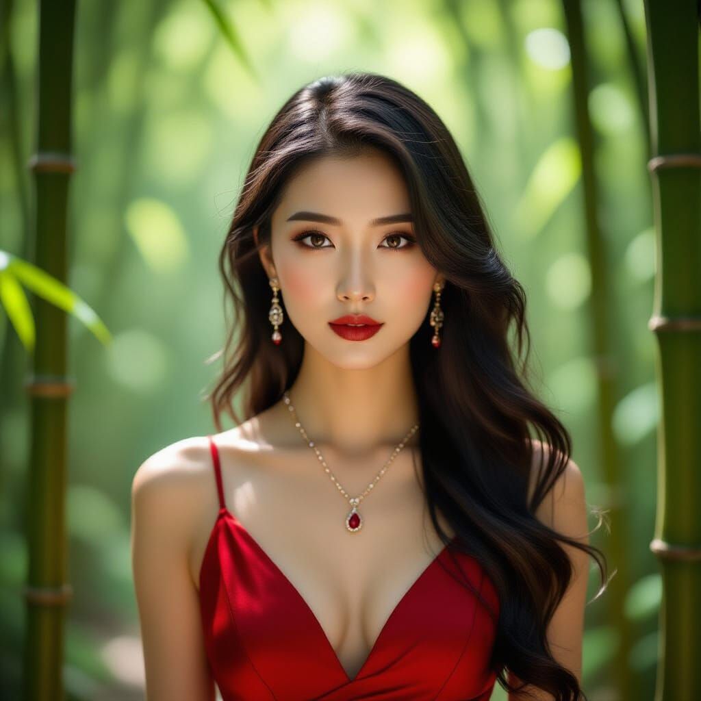 Contemplative Woman in Bamboo Forest, Cinematic Portrait