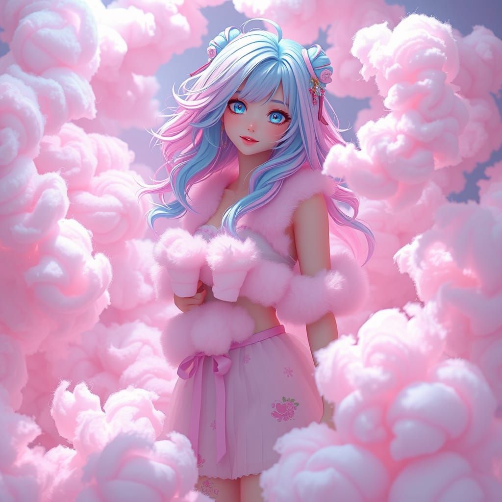 Whimsical Cotton Candy Goddess in Vibrant 3D Anime Style