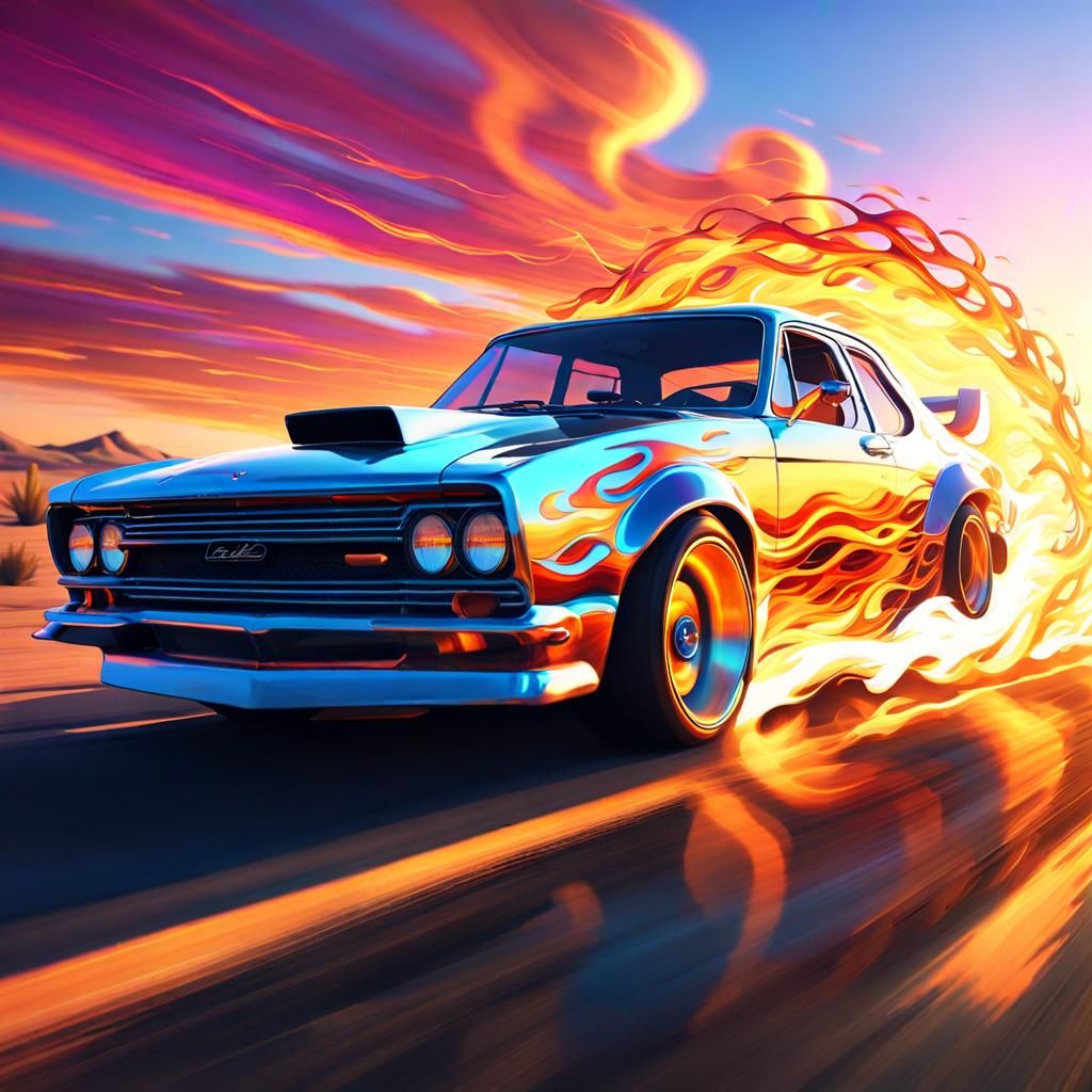 Custom Car Speeds Down Desert Road in Neon Flames