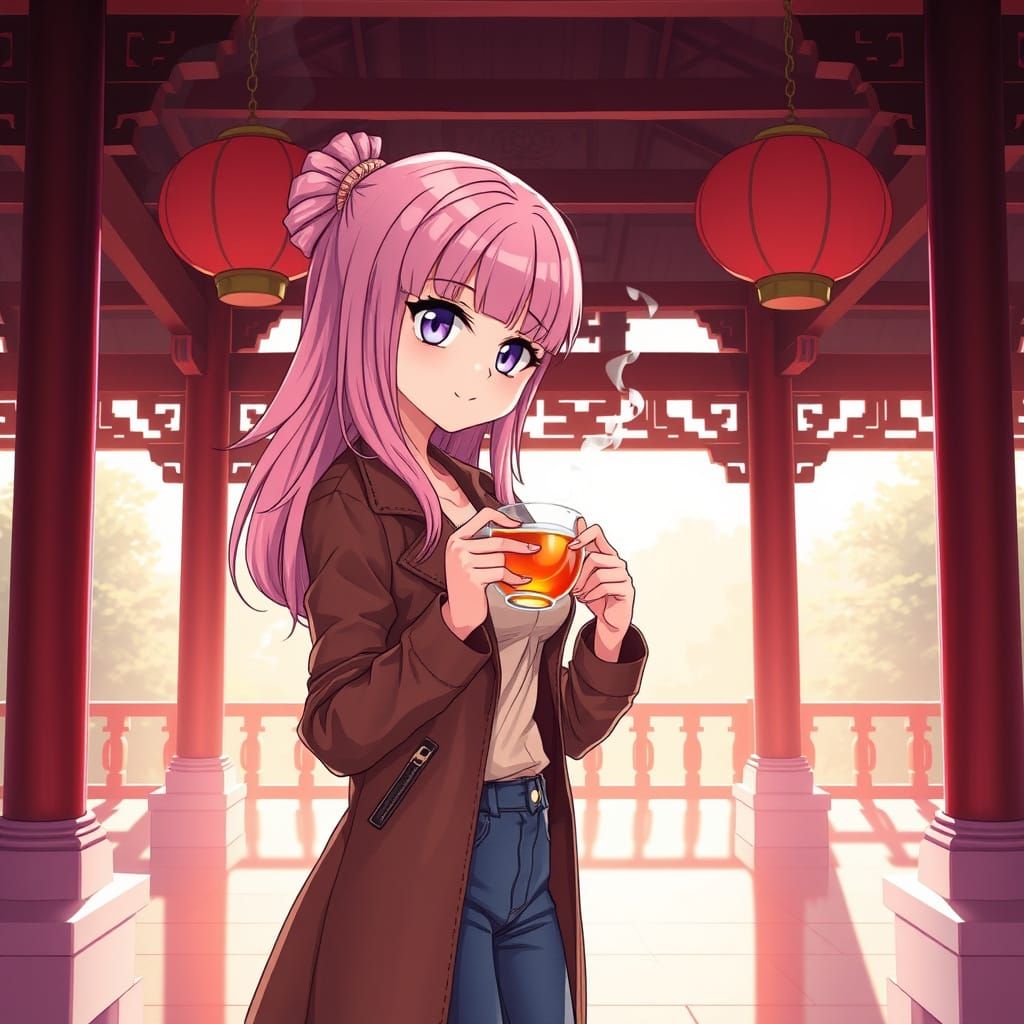 Sensual Anime Goddess Sips Tea in Ancient Temple