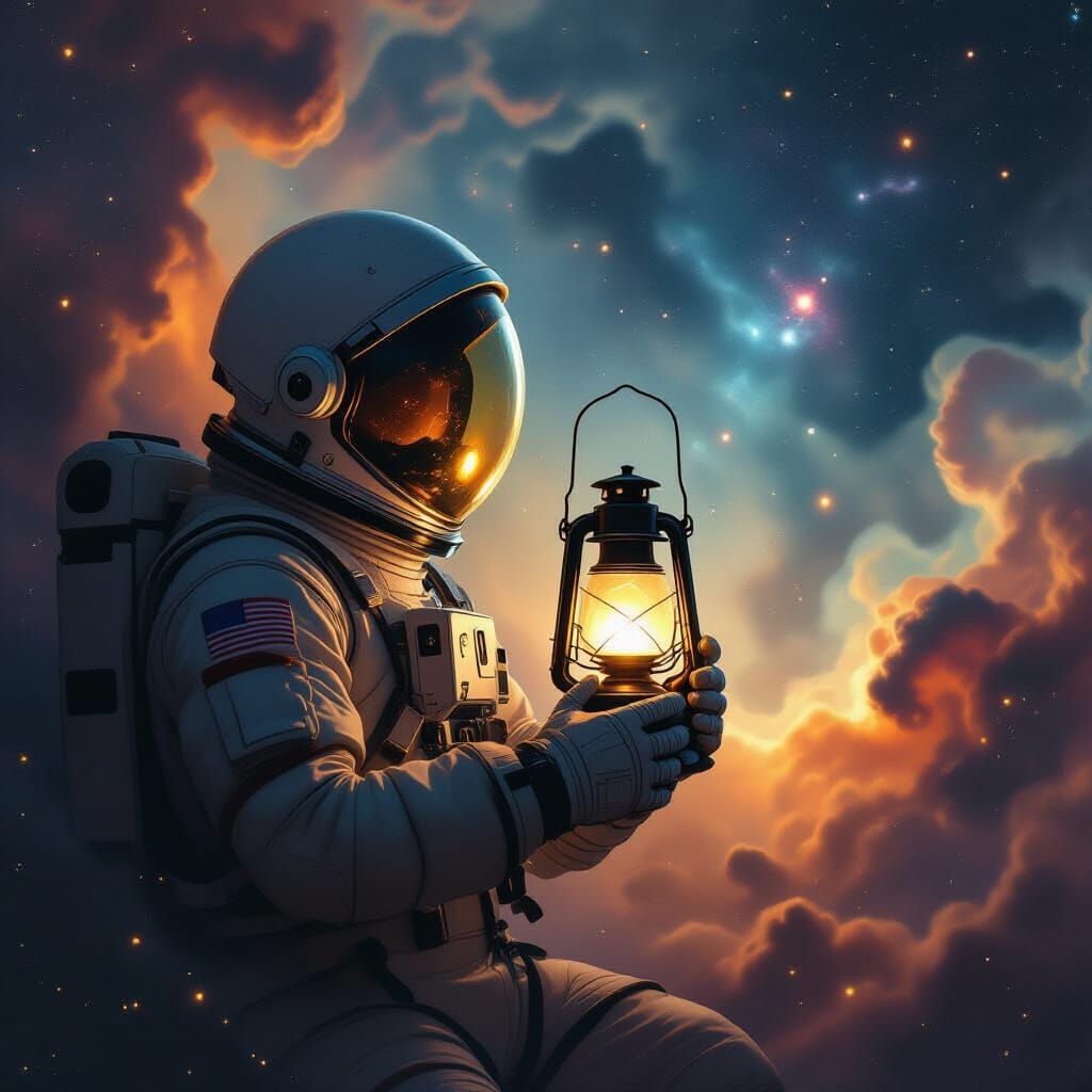 Astronaut with Lantern in Nebula: Digital Painting
