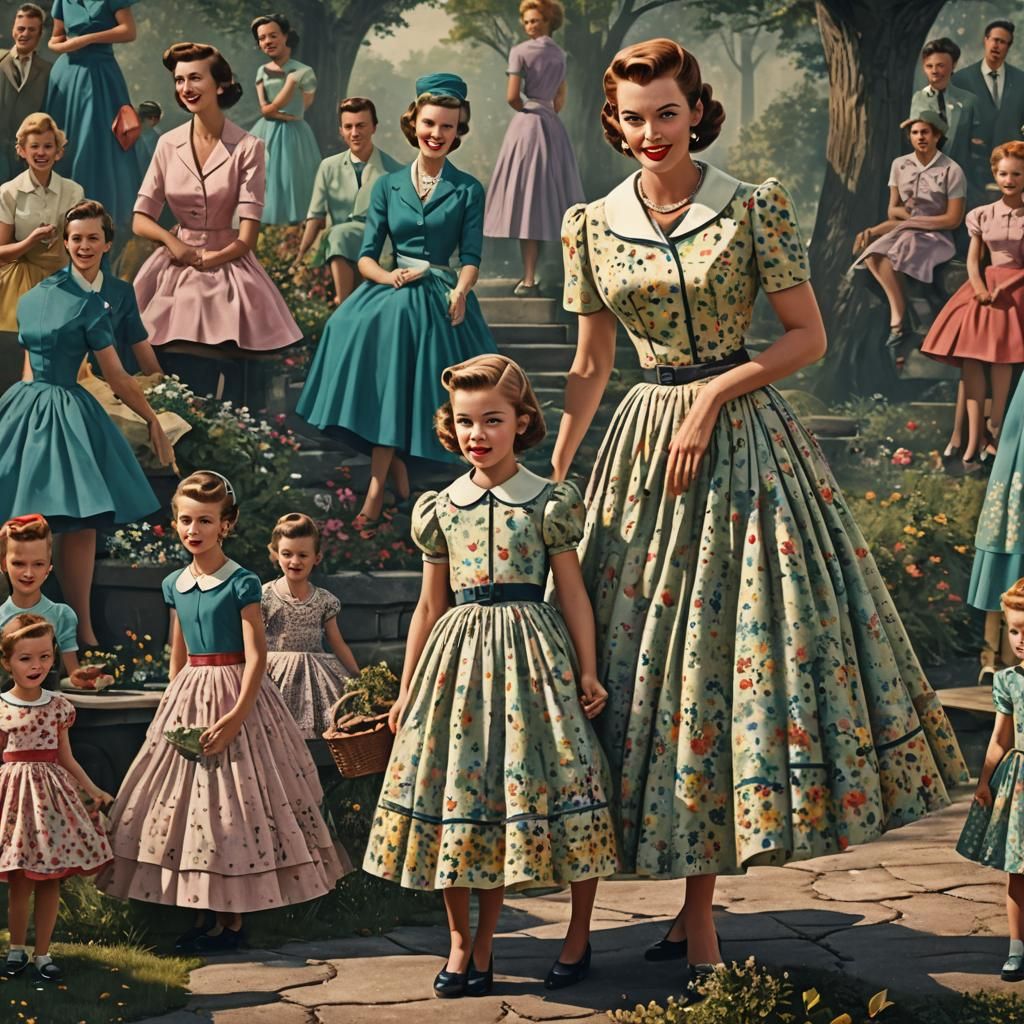 Mid-1950s Mother and Daughter in Matching Dresses