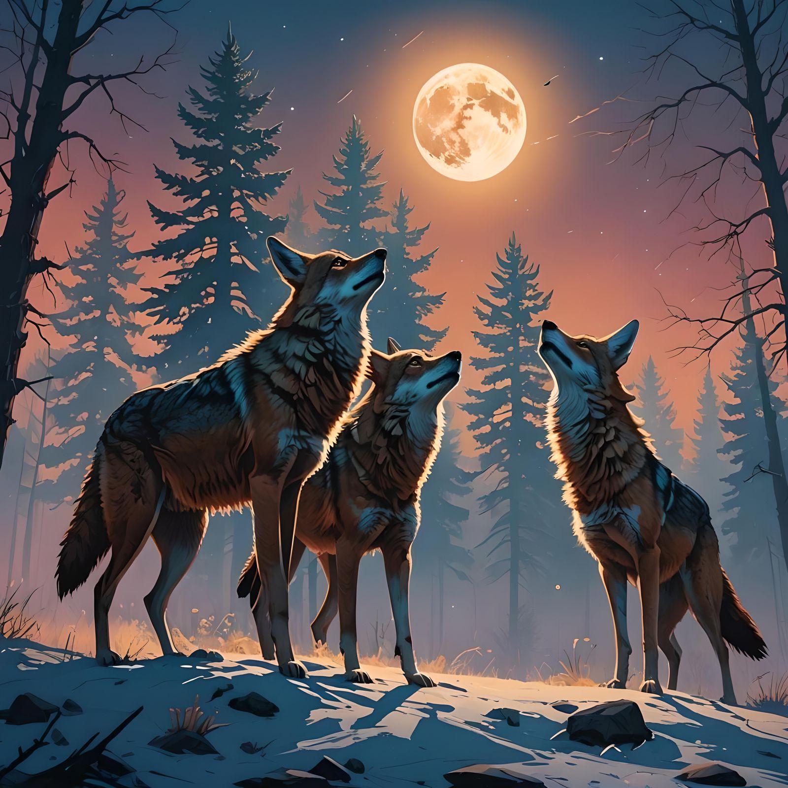 Fantastical Coyotes Howling in Detailed Matte Painting