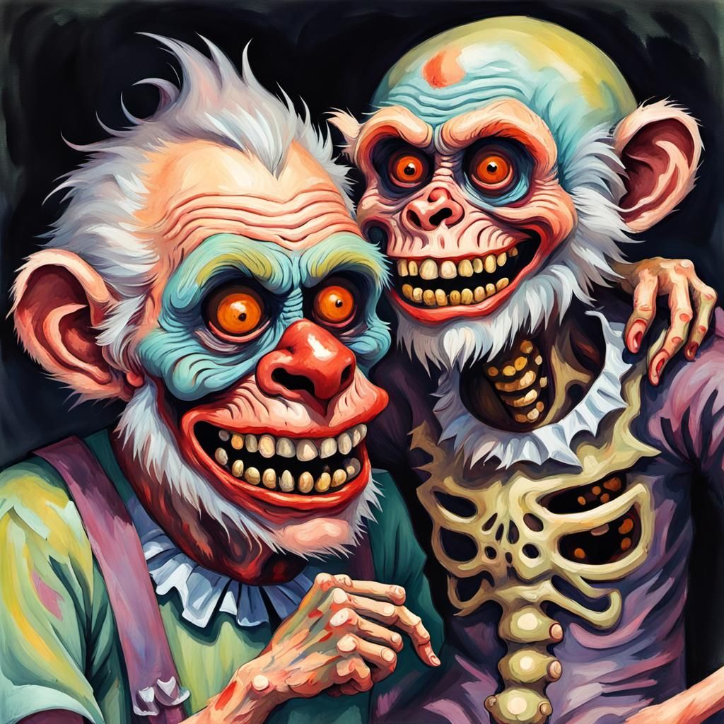 Zombie Monkey Clowns Cuddling in Gouache Style