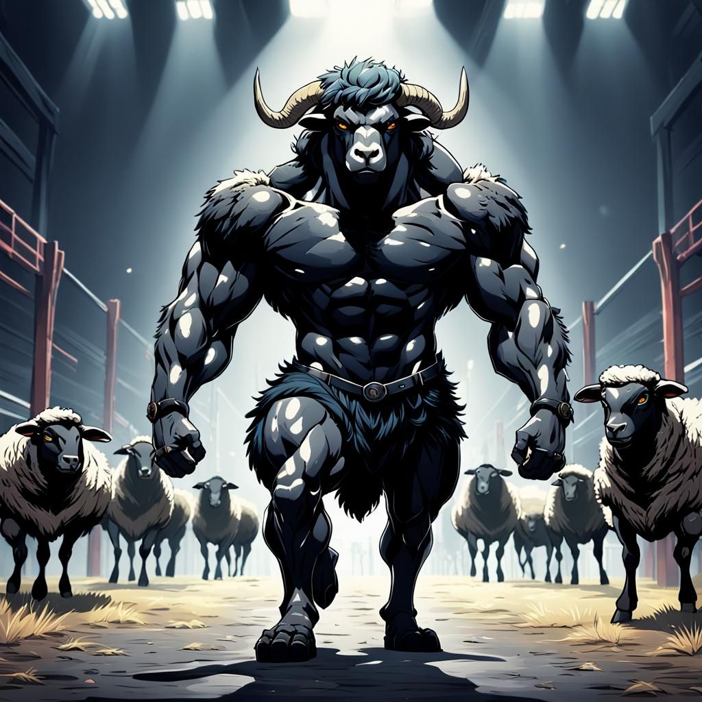 Muscular Black Sheep in Manga Anime Style