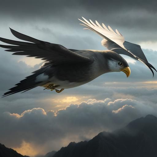 Bird in Flight Against Cloudy Sky