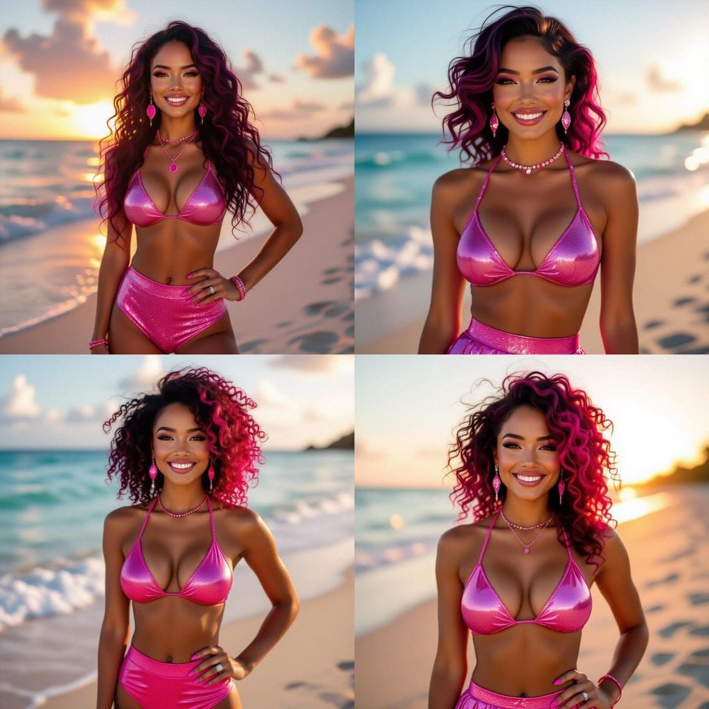Latina Woman Smiling Beachside in Pink Glitter Bikini