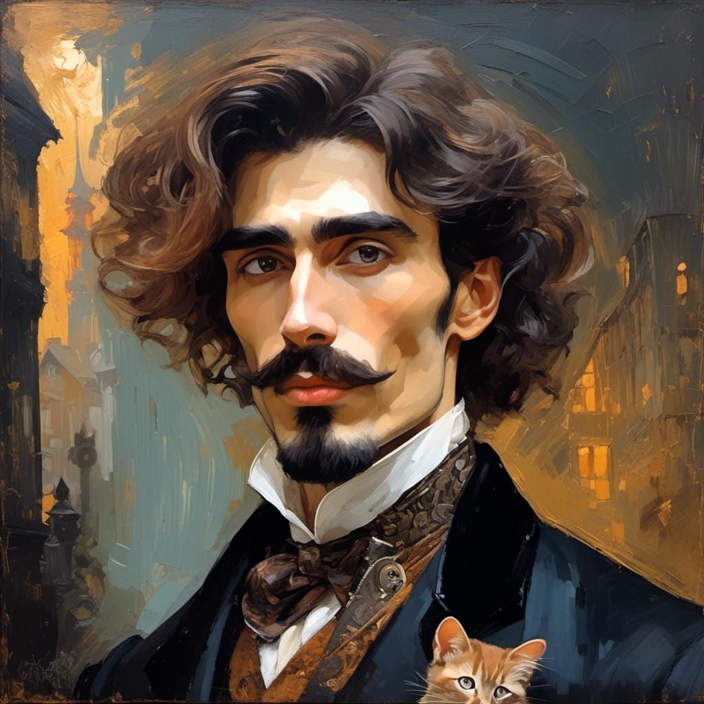 Handsome Man with Kitten: Klimt-Inspired Portrait