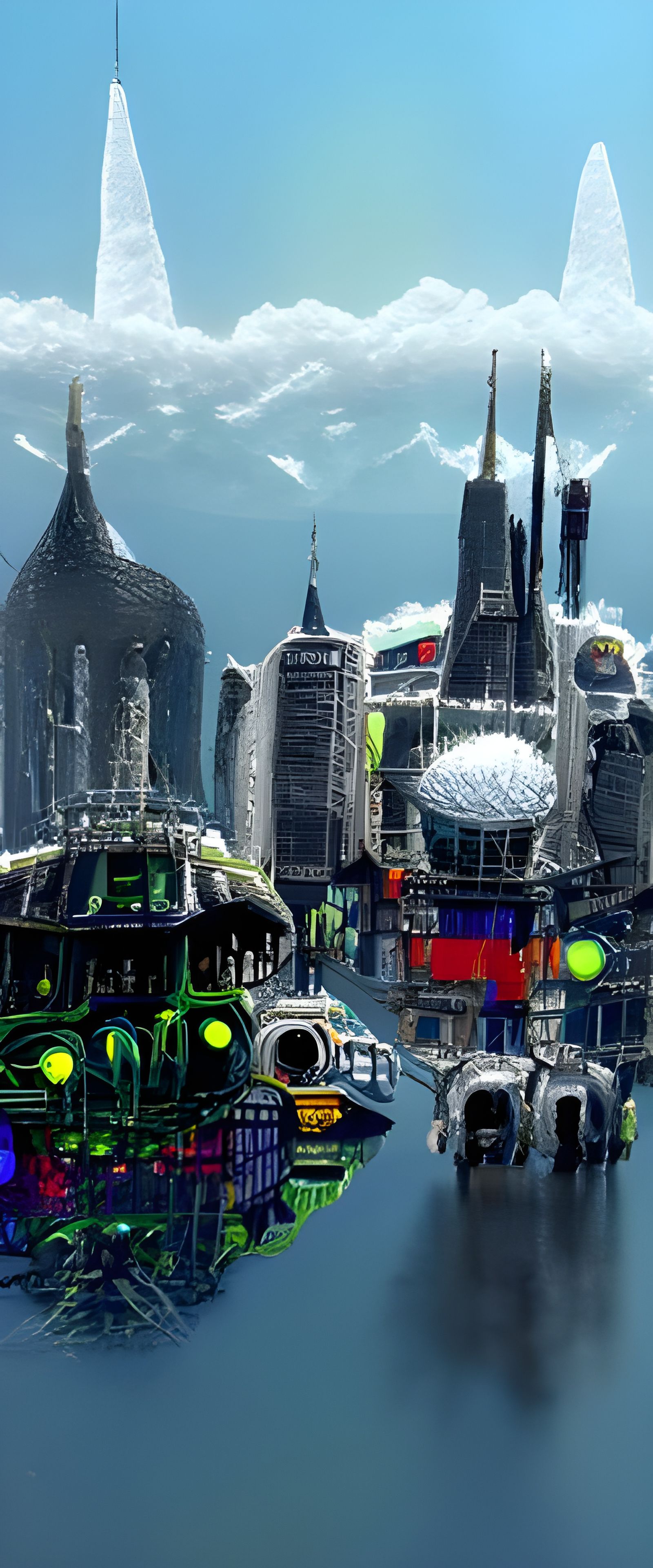 Futuristic Sky City in Kinetic Pointillism Style